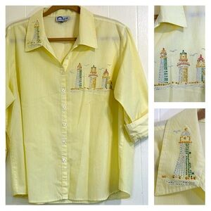 RAINBOW Shirts Sporwear Rhinestone Yellow Striped 3/4 Sleeves Blouse Top XL.